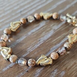 Brown Stone and Gold Tone Little Feet Bracelet